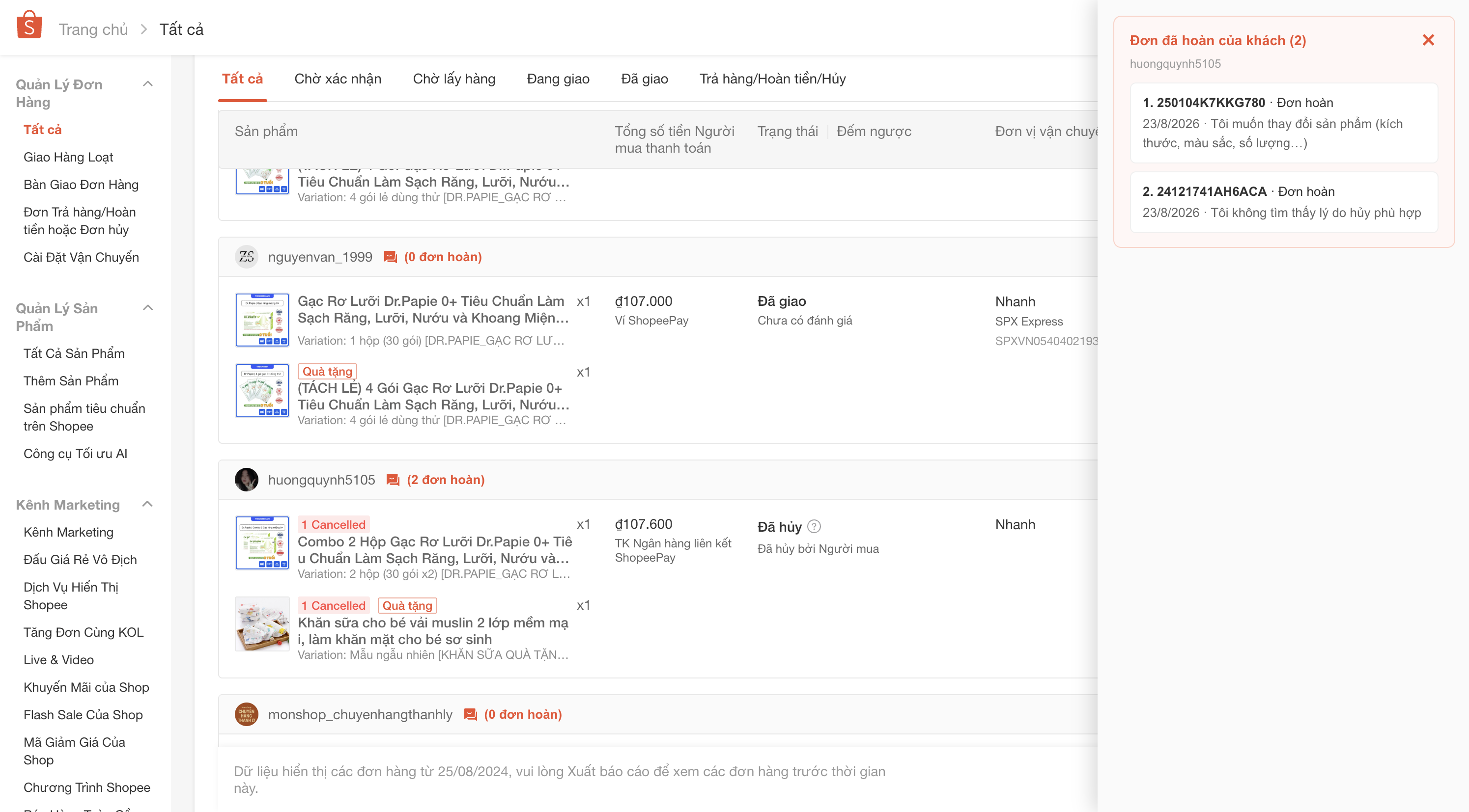 CheckDon hiển thị số lần hoàn của khách ngay trên trang quản lý đơn Shopee